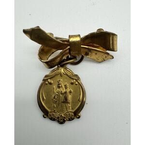 2 1/2” VTG Unsigned Gold Bow Ribbon Pendant Brooch Pin Mary Jesus Prayer Jewelry